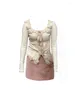 Arbetsklänningar franska elegans kläder 2 bit set fyrkantiga krage toppar enstaka breast wrap höft hög midja glittrande a-line kjolar coquette gyaru