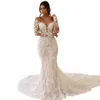 Aviana LG Sleeve Beach Mermaid Wedding Dres Lace Appliques Sheer O Neck Bridal Dr illusi Bröllopsklänningar Robe Mariage L6EF#