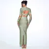 2023 New Bandage Women's Solid Color Long Sleeved Sexy Hollow Waist Dress 295397