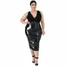 Hög midja faux latex kjolar kvinnor plus size pu läder midi kjolar tillbaka zip damer bodyc stretchy kjol hem split 7xl anpassad 33kf#