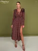 Casual Dresses ClaceVe Sexy Loose Print Women's Dress 2024 Fashion Deep V-ringen Långärmad midi Elegant High midja Slit Party