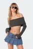 Kvinnors blusar Kvinnor Ribbed Sticked Slim Fit Backless Shirts Stretchy Solid Color Blus Fashion Off Shoulder Long Sleeve Crop Top