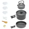 Conjuntos de panelas Kit de acampamento 2-3 pessoas Conjunto de cozinha de alumínio ao ar livre Chaleira de água Pan Pot Viajando Caminhadas Piquenique BBQ Talheres