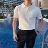 Polos masculinos com decote em v de malha manga curta camisa polo coreano moda verão luxo t harajuku topos camisetas de seda gelo 2024