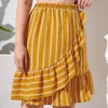 plus Size Elastic Waist Summer Elegant Floral Skirt Women Ruffle Trim Casual Midi Stripe Skirt Female Large Size Boho Skirt 7XL h15A#