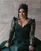 Vestido de novia con lentejuelas de color verde oscuro, vestido de novia con cuello en v, cuentas, ilusión de lentejuelas, vestidos de novia de manga larga, vestidos de novia con volantes, vestido de novia árabe saudita de Dubai