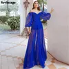 Festklänningar Sevintage Royal Blue Organza Prom Dress A-Line Off the Shoulder Puff Sleeves Ruched Formal Evening Floor Length Clow