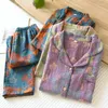 家庭用衣類コットンヴィンテージパジャマ2ピースセット女性用長袖パンツ2024春と秋のウェアプリントナイトウェア
