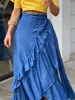 Womens Pleated Denim Skirt Casual Street Wear Beach Party Club Y2K Vintage Elegant Solid Ruffle Hem Knot Waist Long Dress 240326