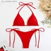 Women's Swimwear Sexy Women Thong Solid Color Bikini Set Side Halter Tie Swimsuit Ladies Split Strap Adjustable Brazilian Swimwear Beachwear T240330