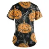 T-shirts pour femmes Uniforme Tops à la mode Halloween Chemisier de poche Col en V À manches courtes Gommages Costume Accessoires Femmes Vêtements d'impression