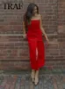 Grundläggande avslappnade klänningar Traf 2023 Fashion Elegant Woman Red Dress Off Axel Slveless Long Dress med fickor för fest Mujer Vestidos FR Shipping T240330