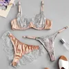 Ciglia ad anello in acciaio ultra sottili da donna cucitura in pizzo set di biancheria intima set di tre pezzi prospettiva sottile set di lingerie sexy