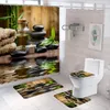 Shower Curtains 3D Green Bamboo Flower Pebble Printed Bathroom Curtain Hook Plant Landscape Bath Non Slip Mat Rug Lid