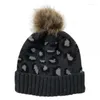 Basker Autumn Winter Tjocka hattar Solid Color Leopard Print Wool Ball Faux Fur Pom Knit Hat Skull Cap Cuff Warm Beanie