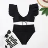 Women's Swimwear 2024 Yellow Swimsuit Women Ruffle High Waist 2 Piece V-neck Bikini Drawstring Lace-up Backless Bathing Suit Y178