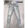 Calça jeans masculina roxa de marca preta, calça jeans roxa de alta rua com padrão grafite danificado, rasgada, roxa, calça skinny 2019