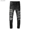 Jeans masculinos masculinos abertos Bandage Patch Jeans Rua Roupes Paisley Patches plissados de bicicleta Pontas de bicicleta Denim elástico tônico