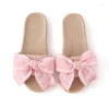 Slippers Women's Sweet Knitted Ribbon Bowknot Outside Soft Flat Casual Slides Shoes Cool Linen Woven Beach