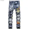 Men's Jeans Mens patchwork torn jeans with plaid patches and elastic denim pants with thin tapered Distressed TrousersL2403