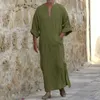 Ethnic Clothing Men's Muslim Robe V-neck Casual Pockets Loose Long Sleeve Vintage Arab Islamic Dress Male Abaya