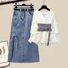 Arbeitskleider Y2k Modische Rock-Outfits 3-teilige Sets Damenbekleidung Tunika-Gürtel Slim-Waist-Shirt Jeansröcke mit hohem Kordelzug Anzug