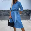 Basic Casual Jurken Elegante Reverskraag Knoop Denim Jurk Kantoormode Vastgebonden Taille Effen Lange Jurk Dames Casual Lange Slve Pocket Feestjurk T240330