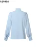 Plus storlek 5xl Vonda Women Fi Elegant Blue LG Sleeve Shirts Stand Collar Butts Solid Blusas Casual Loose Tunic Tops P1B3#