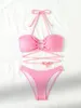 Women's Swimwear Sexy Bandage Hollow Out Bikini Set Women Pink Push Up Micro Y2K Brazilian Cut Bathing Suit Thong Swimsuit 2024