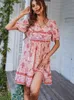 Robes décontractées de base Floral Puff Slve Robe d'été Femmes Casual Lâche À Volants Boho Vacances Plage Robe D'été Grn Vintage Élégant À Lacets Mini Robes T240330