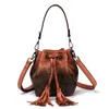 Evening Bags Fashion Cowhide Genuine Leather Bucket Bag For Women Large Capacity Tassel Handbag Lady Casual One Shoulder Messenger M936