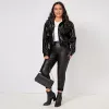 Zip Up Patent Leather Jacket för kvinnor, LG-ärm, avslappnad, PU Turn-down-krage korta rockar Outwear Motorcykeljacka plus storlek 18LI#