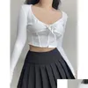 Womens T-Shirt Neck White Corset Crop Top Female Lace Up Shirring Spring Basic Long Sleeve Tee Shirts Korean Fashion Slimwomens Drop D Otqcg