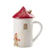 Mugs Gingerbread Man Red House Cottage Shape Ceramic Mug Coffee Cup With Lid Home Tea For Family Friends Holiday Gifts