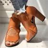 Sandals Ladies Vintage Solid Color Leather Open Toe Shoes Back Zip Chunky High Heel Summer Fish Mouth