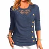 womens Lace Round Neck Lg Sleeve T Shirt Blouse Casual Butt Loose Tunic Tops Plus Size Clothing For 2023-2024 X5p8#