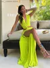 Basic Casual Dresses Chic Hollow Out Knot Split Long Dress For Women Slveless Pleated Irregular Robe Holiday Elegant Ladies Evening Beach Vestidos T240330