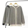 striped Knit Zipper Cardigan Coat Plus Size Women Clothing Autumn Winter Color Ctrast Hooded Sweater E2 3066 M7RN#
