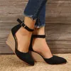 Dress Shoes Women's Summer Fashionable Style Baotou Solid Suede Pointed Slope Heel Thick Bottom Buckle Sandals Zapatos Mujer 2024 Tendencia