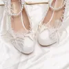 Sapatos de vestido Branco Lolita Flor Nupcial Salto Alto Lace Bow Lo Pérola Cabeça Redonda Boca Rasa Menina Francesa Único