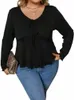 Chemisier noir de grande taille pour femmes, pull décontracté, col en V, manches Lg, T-Shirts, coupe cintrée, bureau, dame, automne hiver, Tops 2023, R9ty #