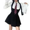 college Style Preppy Style American Spicy Girls JK Uniform Dr Suit Black Summer Slim Uniform Set White Shirt Bishop Sleeve b8mR#