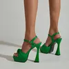 SURET Buty Bow Green Obcasy 14 cm Designer Square palca pu skórzane sandały kobiety 2024 Lady Party Platforma High Summer Office