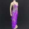 new Sexy Purple Sequins Crystals Feather Lg Dr Women Dancer Team Latin Modern Dance Costume Nightclub Bar Party Stage Wear w4sb#