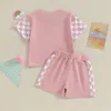 Set di abbigliamento Abiti estivi per bambine Completi a scacchiera Patchwork Girocollo T-shirt a maniche corte e pantaloncini elastici in vita