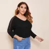 plus Size Mesh Patchwork Summer Spring Elegant Top Women Sexy V-neck Black Off-shoulder T-shirt Female Large Size Blouse Tee 7XL n8wr#