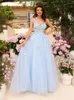Party Dresses Elegant Asymmetrical Illusion Neckline Sparkling Tulle A-Line Prom Dress 3D Floral Applique Floor Length Gowns For Women