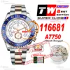 44 mm 116681 A7750 Cronógrafo automático Reloj para hombre TWF Dos tonos Oro rosa Bisel de cerámica azul Esfera blanca Pulsera de acero 904L Super Edición Tarjeta de la misma serie Puretime 02