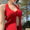 Dames Tanks Vintage 3D-bloem Splitsen Sexy Slank Gebreid Hemdje Dames 2024 Lente Street chic Casual Onregelmatige Split Rode Crop Tops