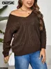 Gibsie Plus Size Tropfen Schulter Zopfmuster Pullover Frauen 2023 Herbst Winter Casual LG Ärmel V-Ausschnitt Pullover Jumper Tops 48Jb #